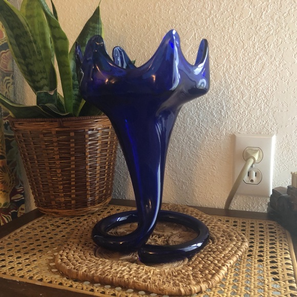 Hand Crafted Other - Handblown Large Flowering Cobalt Blue Coiled Vase Mid-Century Modern